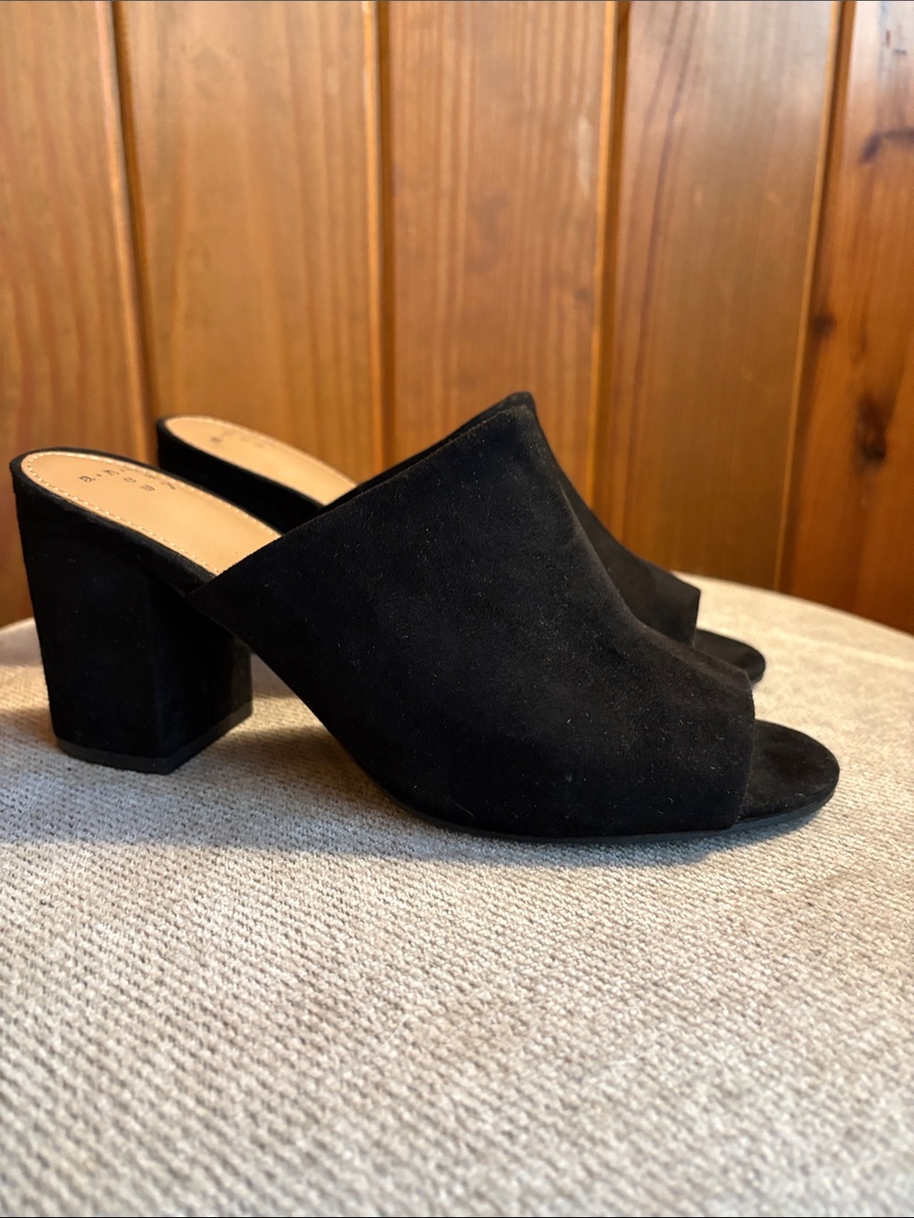Sz 6 Black Suede Peep-Toe Block Heel Mules, a new day